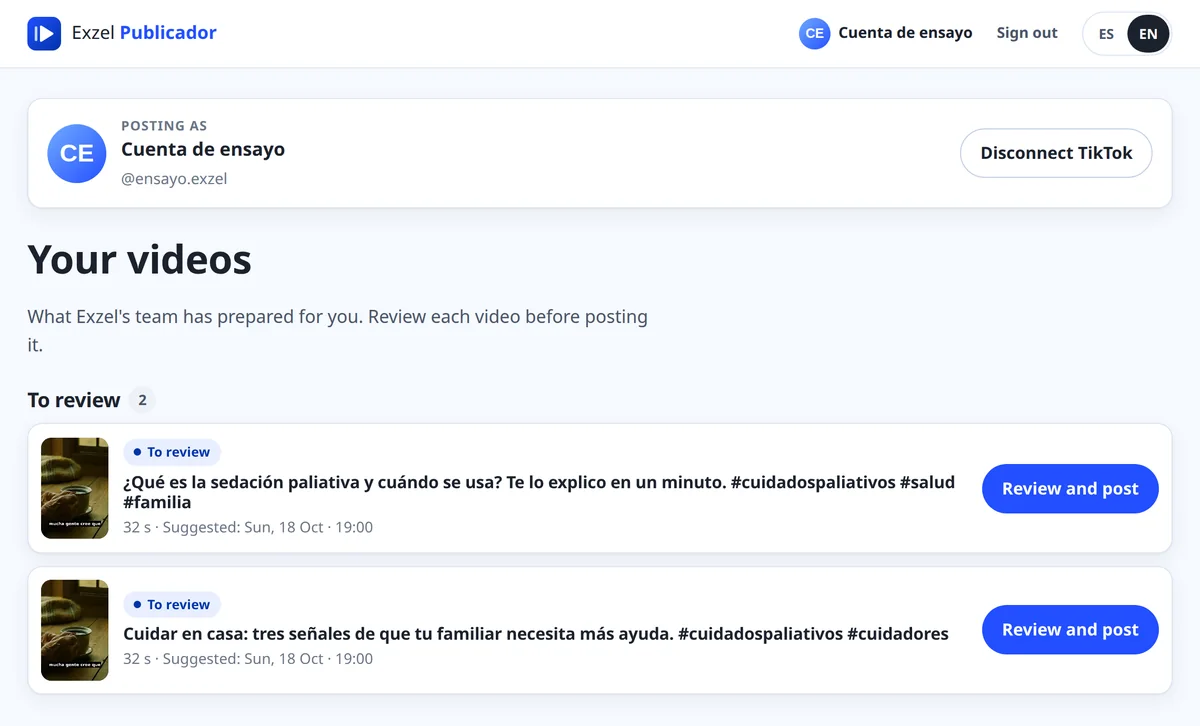 A client's video list in Exzel Publicador: two videos to review, each with its caption, length and suggested date.