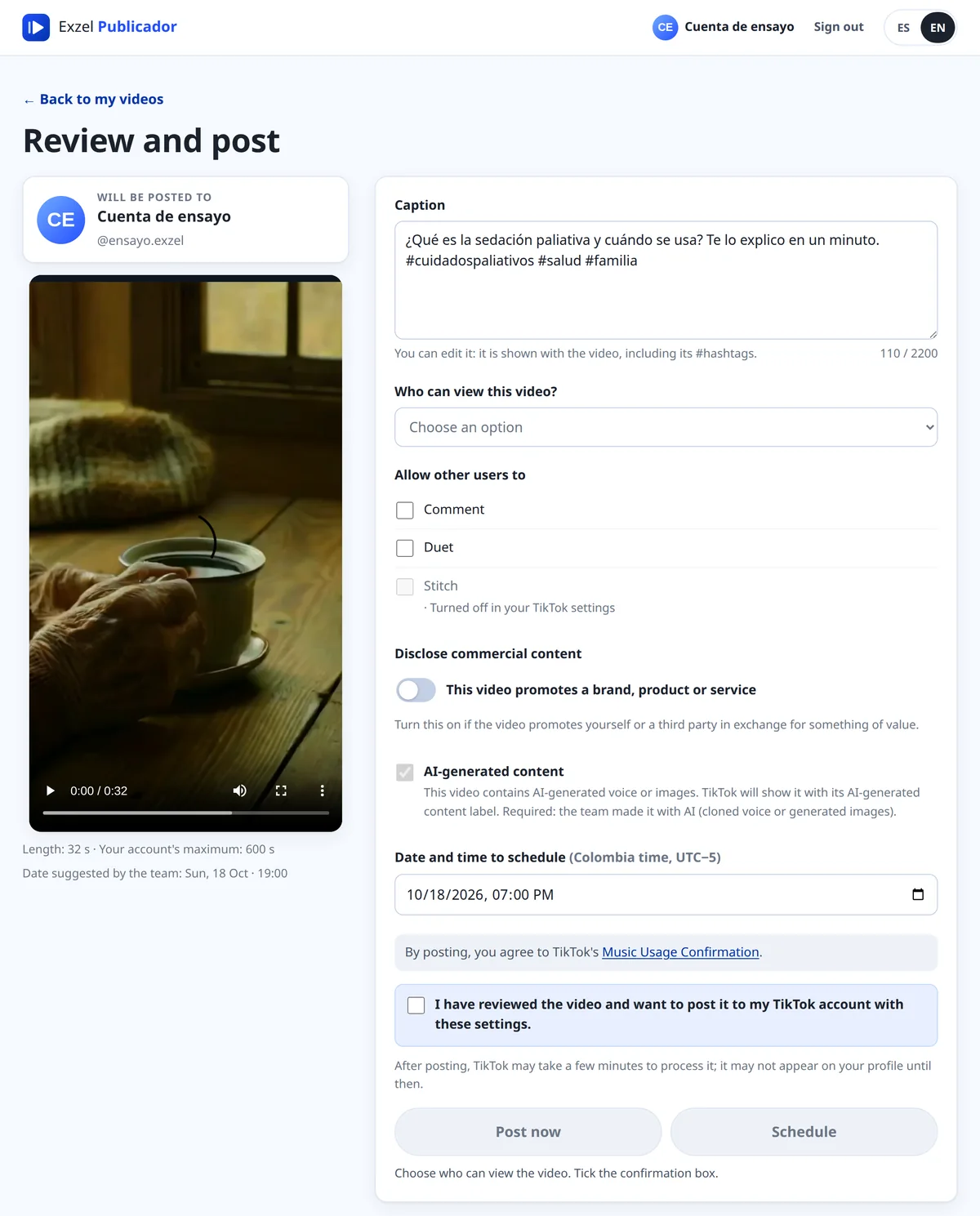 The review and post screen: preview, editable caption, privacy with no option preselected, comments, duet and stitch turned off, commercial content disclosure, AI-generated content label and the confirmation box.